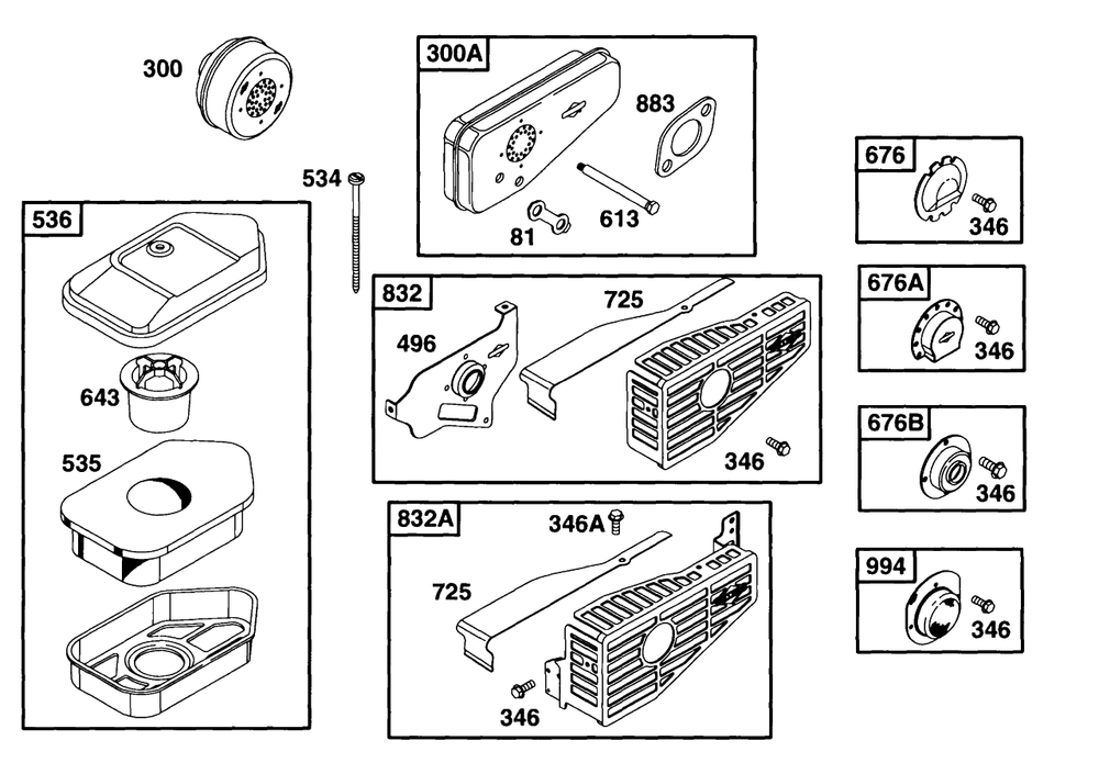 Air Cleaner Grp, Muffler Grp Diagram and Parts List for 95982-3110-01  Briggs and Stratton Engine